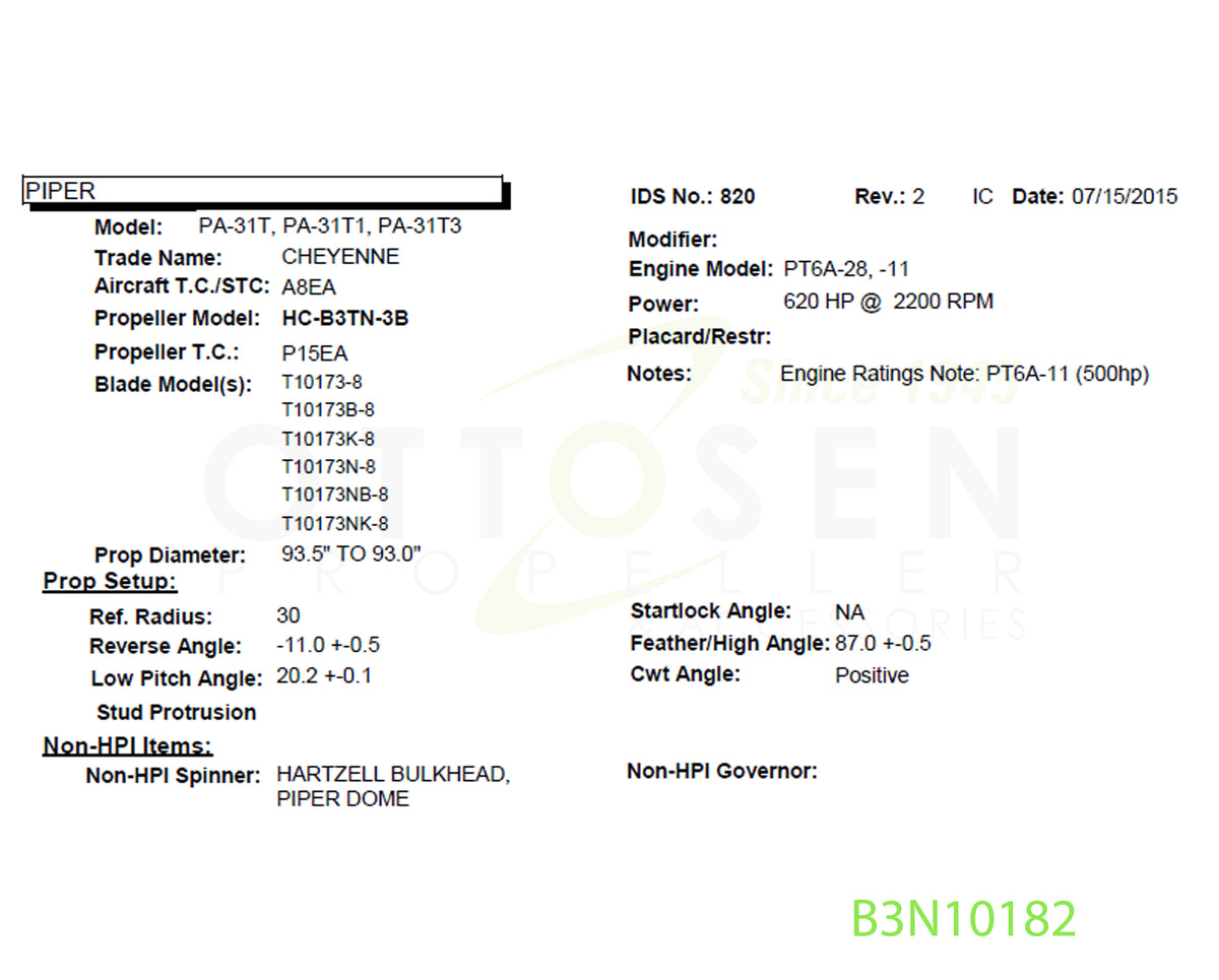 B3N10182 - HARTZELL PROPELLER - HC-B3TN-3B/T10173NB-8/BULKHEAD/DE-ICE