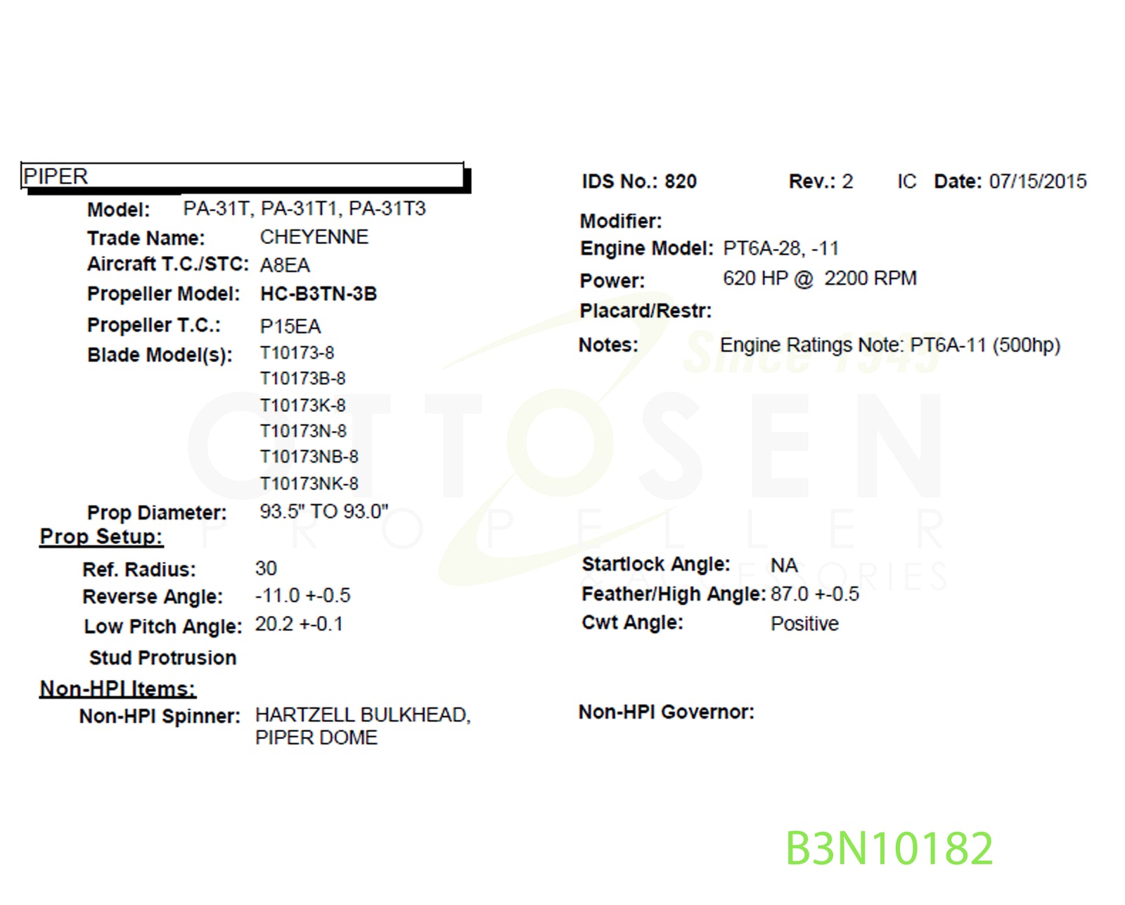 B3N10182 - HARTZELL PROPELLER - HC-B3TN-3B/T10173NB-8/BULKHEAD/DE-ICE