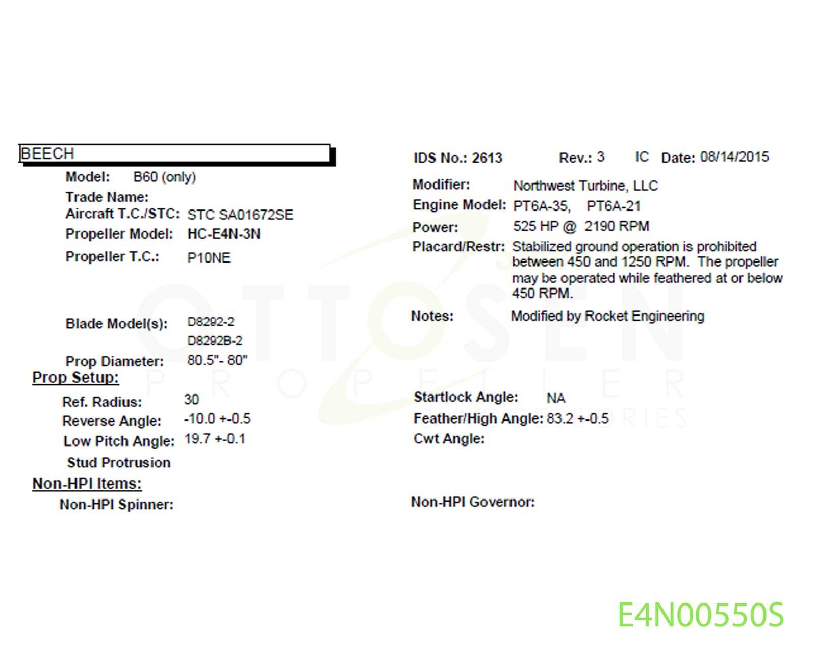 E4N00550S - HARTZELL PROPELLER - HC-E4N-3N/D8292B-2/D-630-1P