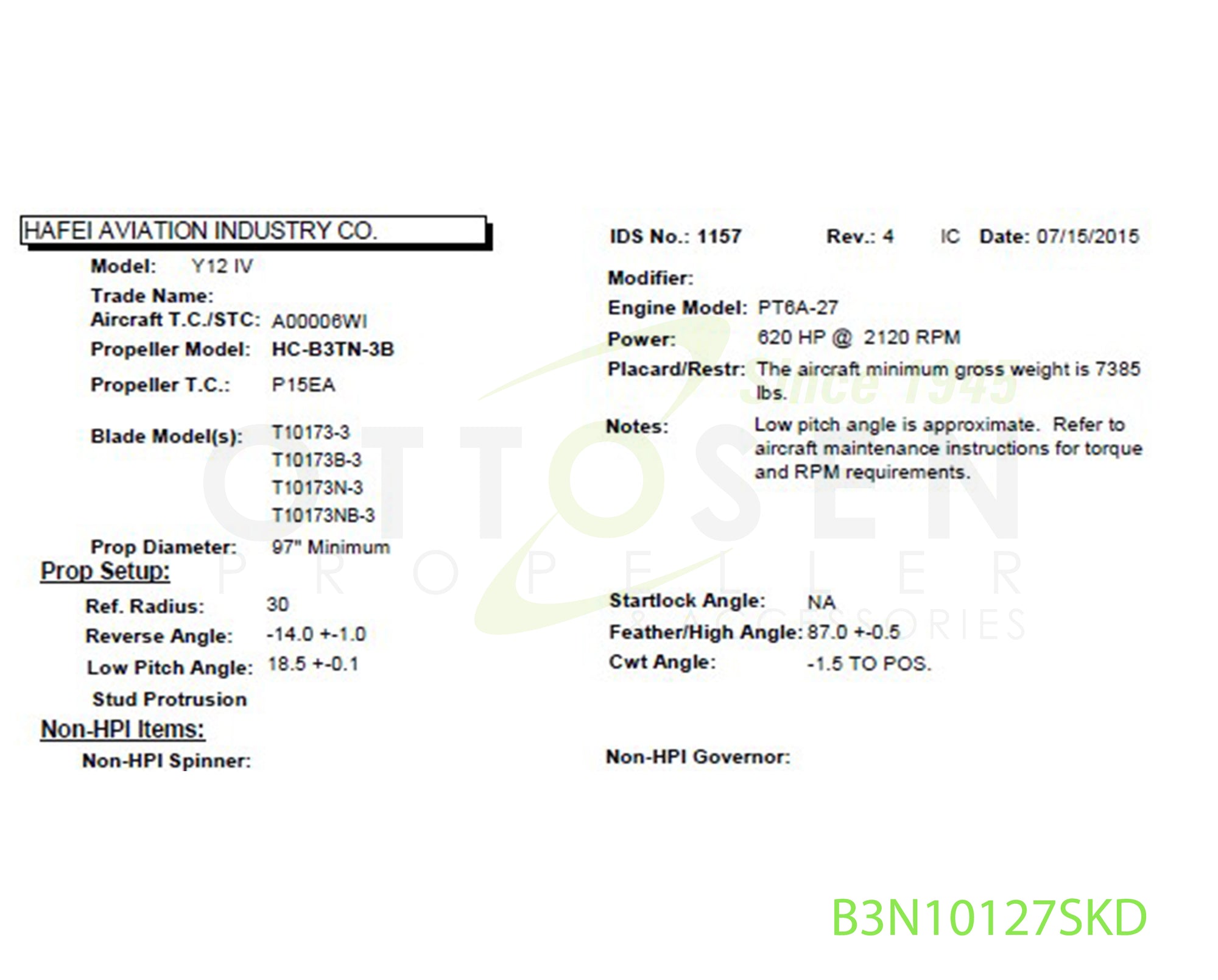 B3N10127SKD - HARTZELL PROPELLER - HC-B3TN-3B/T10173NB-3/C3065-1P