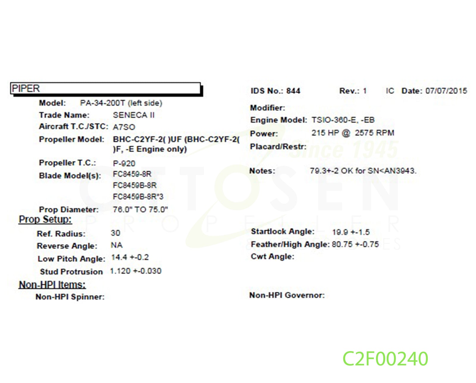 C2F00240 - HARTZELL PROPELLER - BHC-C2YF-2CKUF/FC8459-8R/SM4