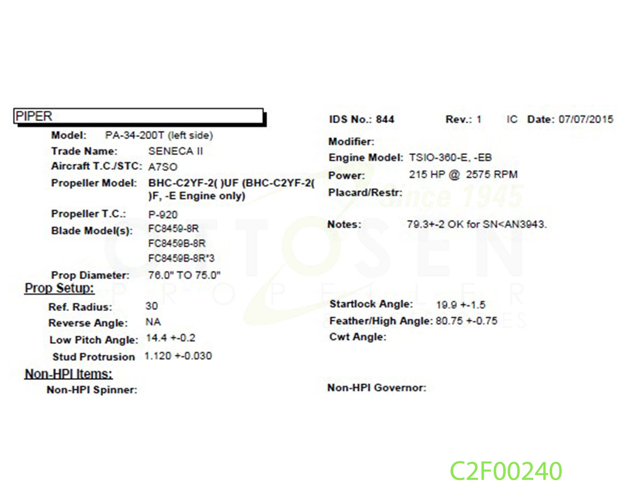 C2F00240 - HARTZELL PROPELLER - BHC-C2YF-2CKUF/FC8459-8R/SM4