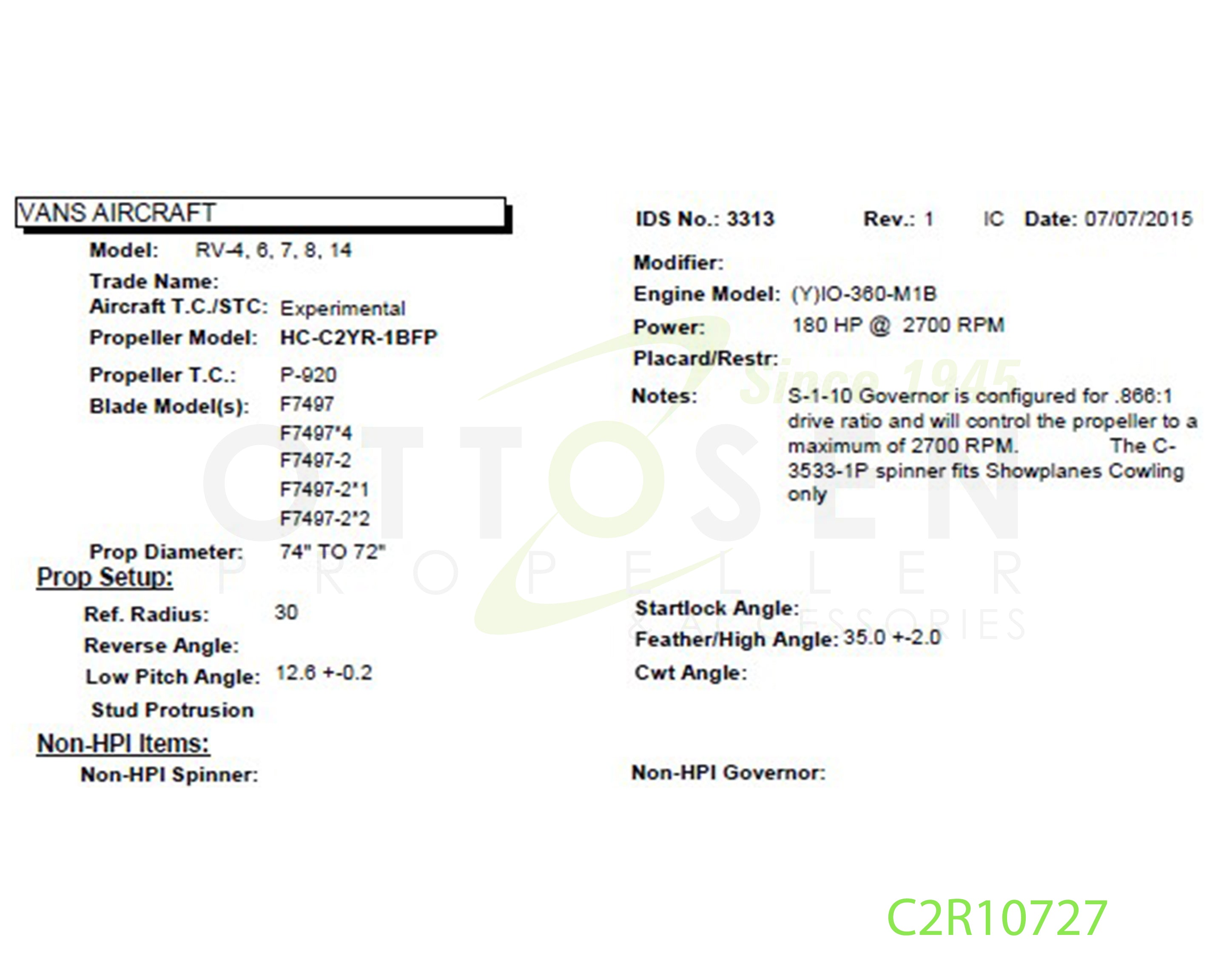 C2R10727 - HARTZELL PROPELLER - HC-C2YR-1BFP/F7497-2/SM8