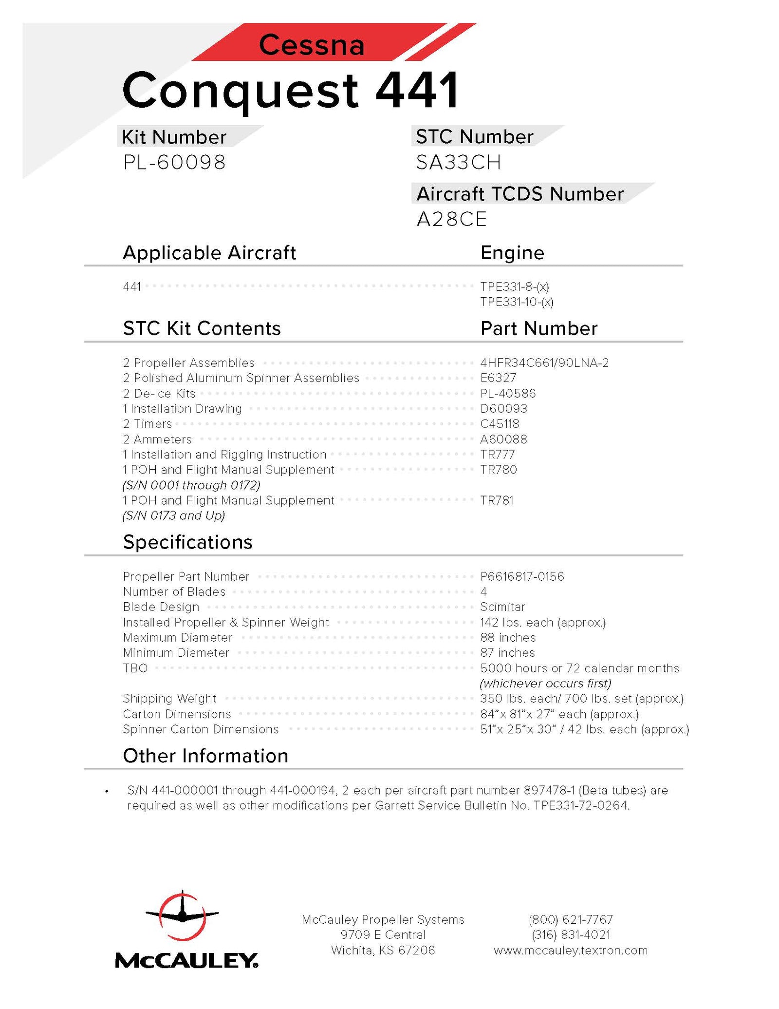 McCauley STC Cessna Conquest 441 With TPE331-8(x),-10(x) Engine (4-Blade Scimitar)