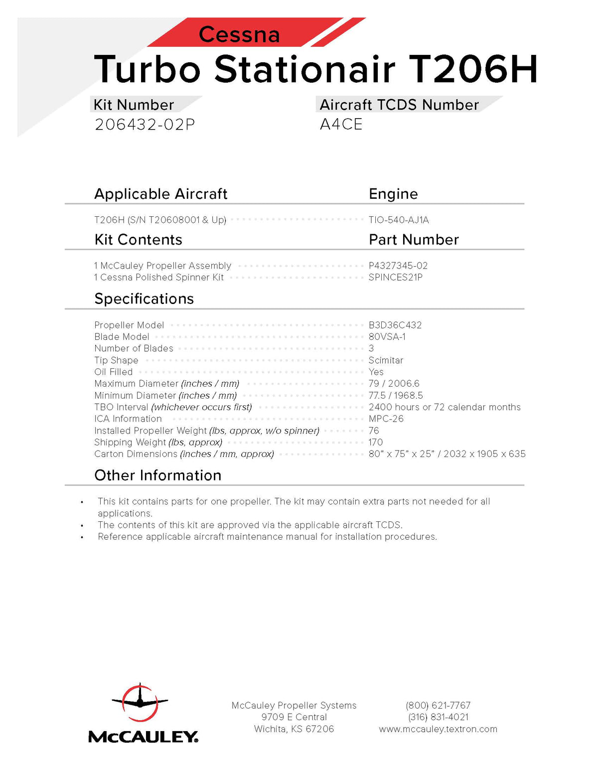 Cessna Turbo Stationair 206H With TIO540AJ1A Engine (3Blade Scimita