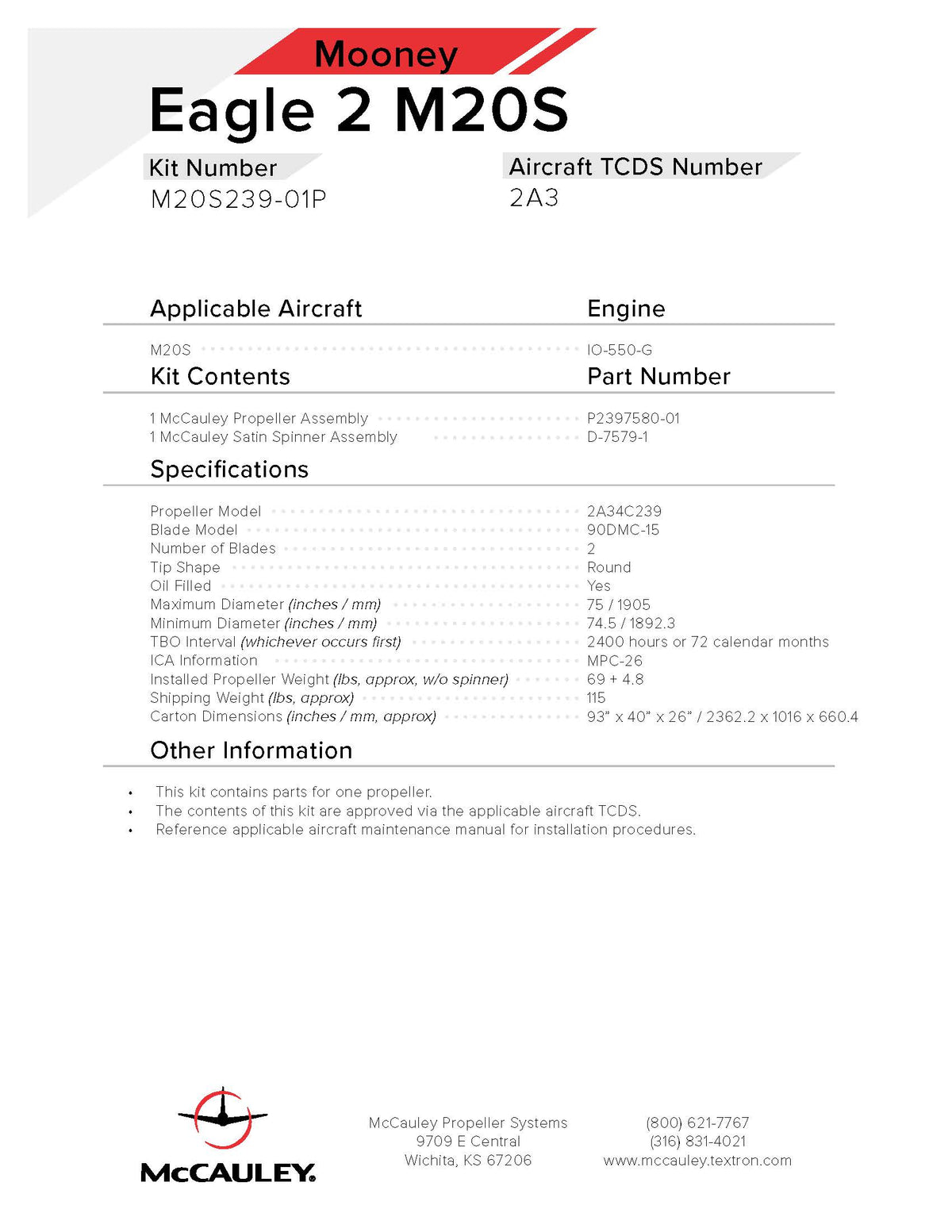 Mooney Eagle 2 M20S With IO-550-G Engine (Polished Spinner) (2-Blade Round)