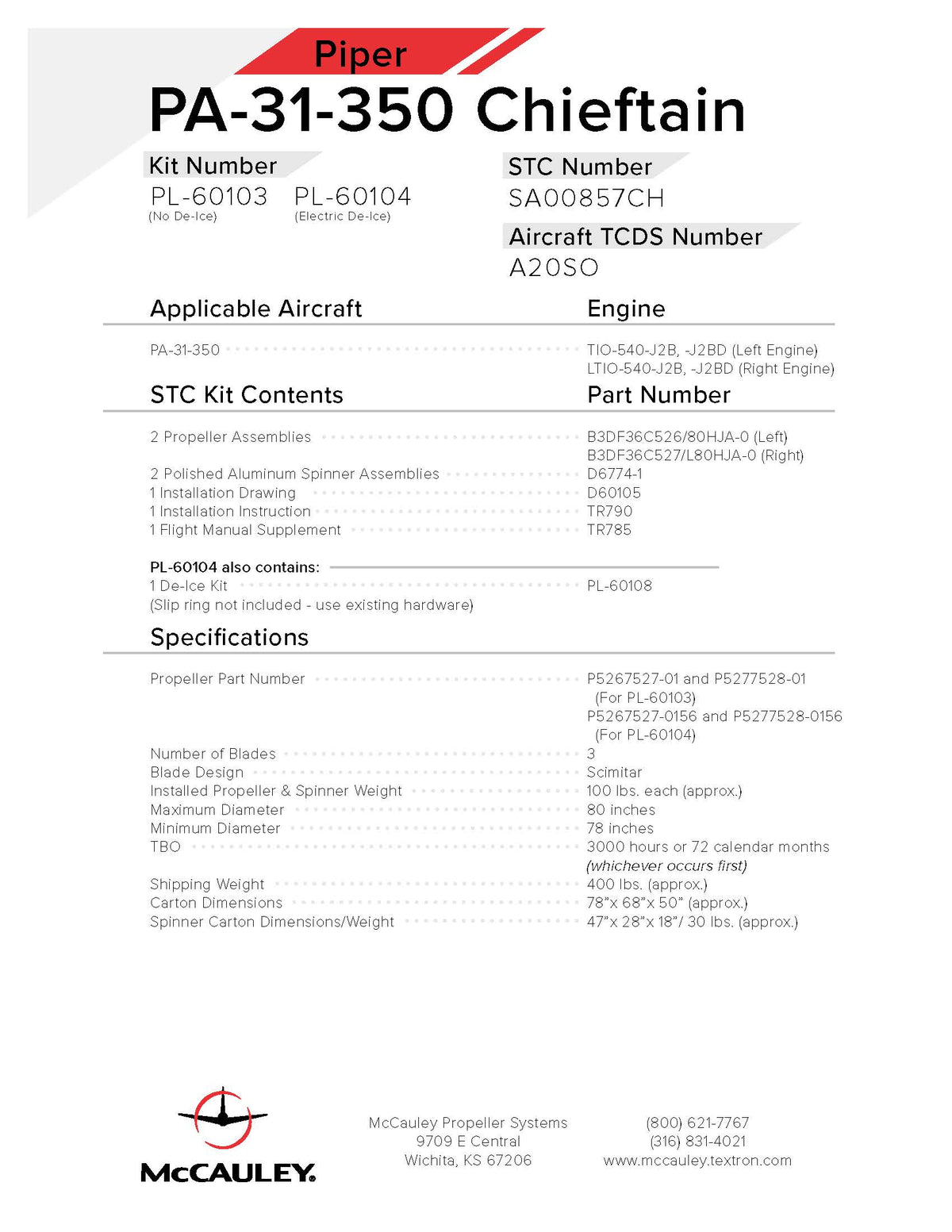 Piper PA-31-350 Chieftain With (L)TIO-540-J2B,-J2BD Engine (No De-Ice ...