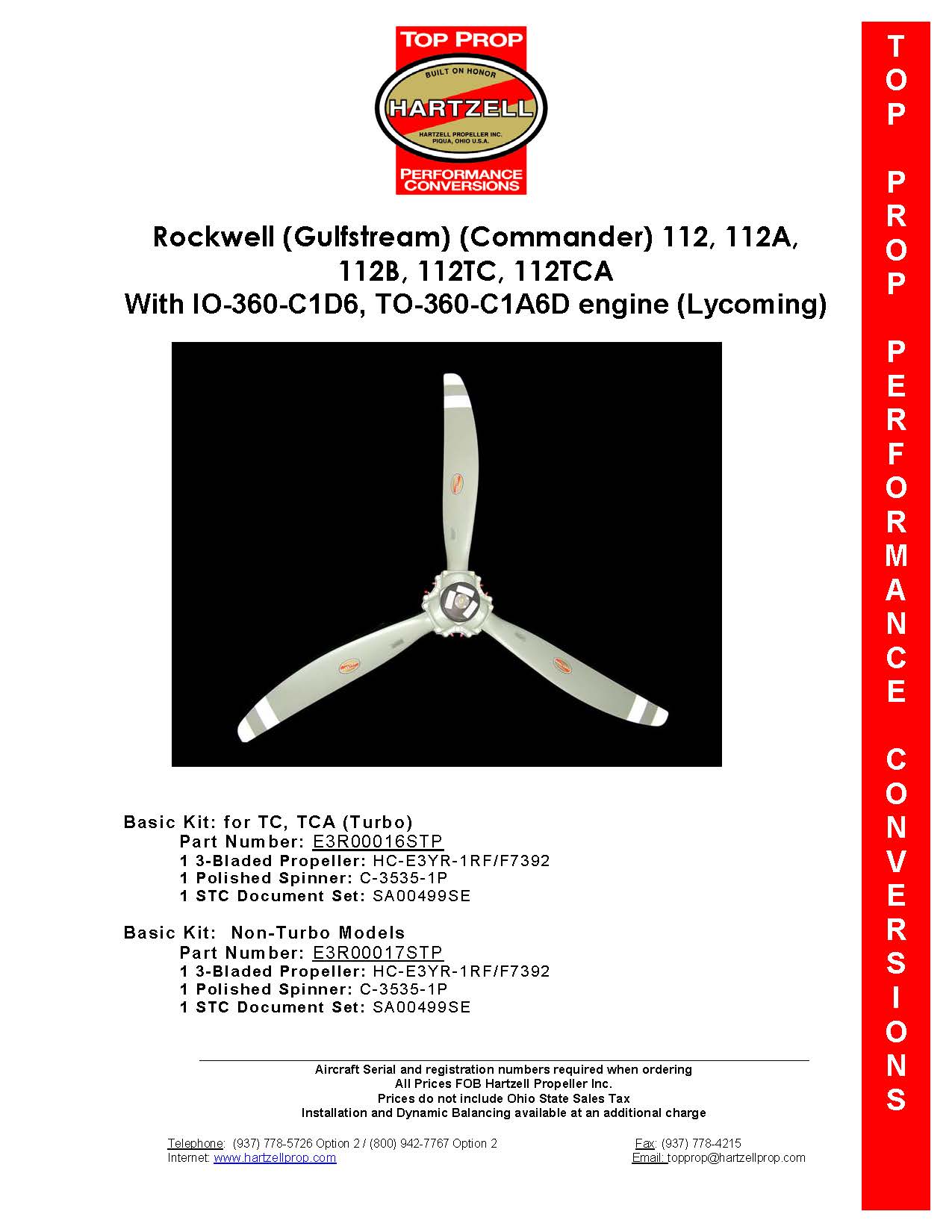 Hartzell STC Rockwell (Gulfstream)(Commander) 112, 112A, 112B, 112TC, 112TCA With IO-360-C1D6, TO-360-C1A6D Engine (3-Blade Scimitar)