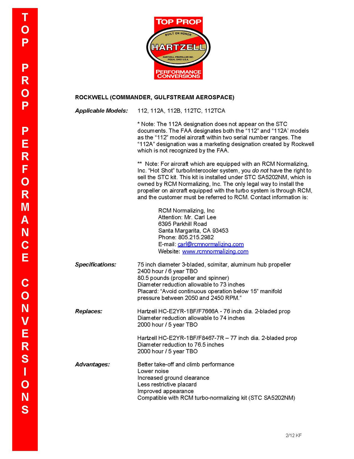 Hartzell STC Rockwell (Gulfstream)(Commander) 112, 112A, 112B, 112TC, 112TCA With IO-360-C1D6, TO-360-C1A6D Engine (3-Blade Scimitar)